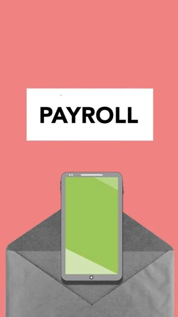 Un smartphone et une enveloppe symbolisant la paie numérique sur un fond rouge.