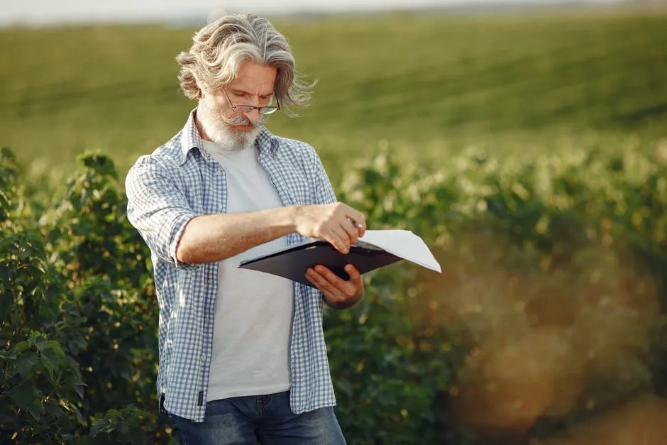 Homme âgé avec des cheveux et une barbe grisonnants lisant un livre en plein air à la campagne.
