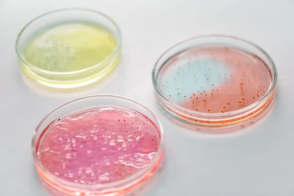 Gros plan de coupelles de Petri colorées avec des microbes pour la recherche scientifique.