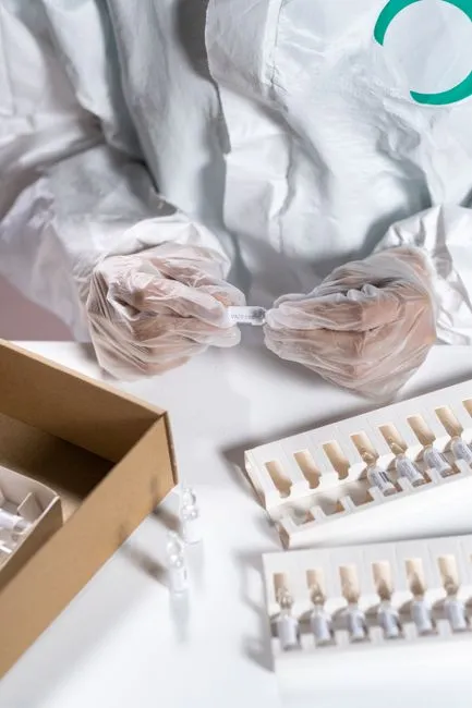 Scientifique en équipement de protection examinant des échantillons de vaccin dans un laboratoire stérile.