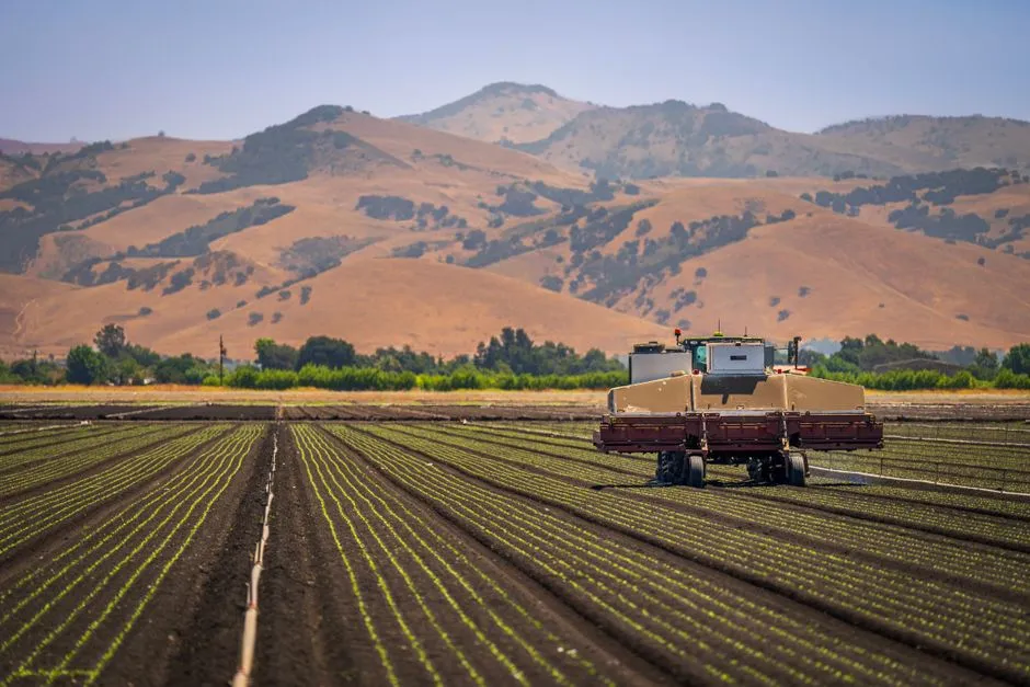 Une machine agricole fonctionne sur un vaste champ avec des vues sur la campagne vallonnée.
