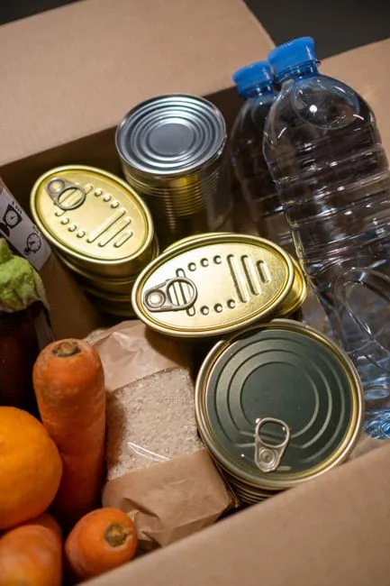 Boîte remplie d'articles alimentaires essentiels, y compris des conserves et des produits frais.